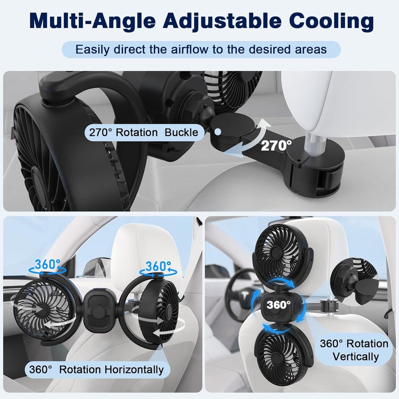 Hayousui Rechargeable Dual-Head Fan for Car: USB Cooling Backseat Fans for Baby with 360° Rotatable 3-Speed Separate Controlled 16H Runtime 5V 2A Auto Electric Air Ventilation Cooler For Vehicle SUV RV Trunk - Image 5